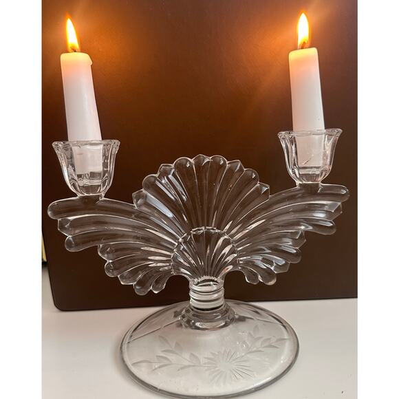 Vtg Imperial Pressed glass MCM Hollywood dual Fan two candle holder floral etch - Picture 2 of 14
